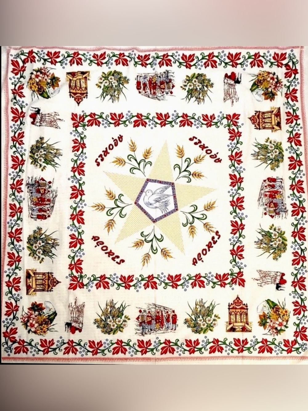Vtg 1970s Folk Art Tablecloth Portugal Cottage Core Wall Hanging 5’ Square